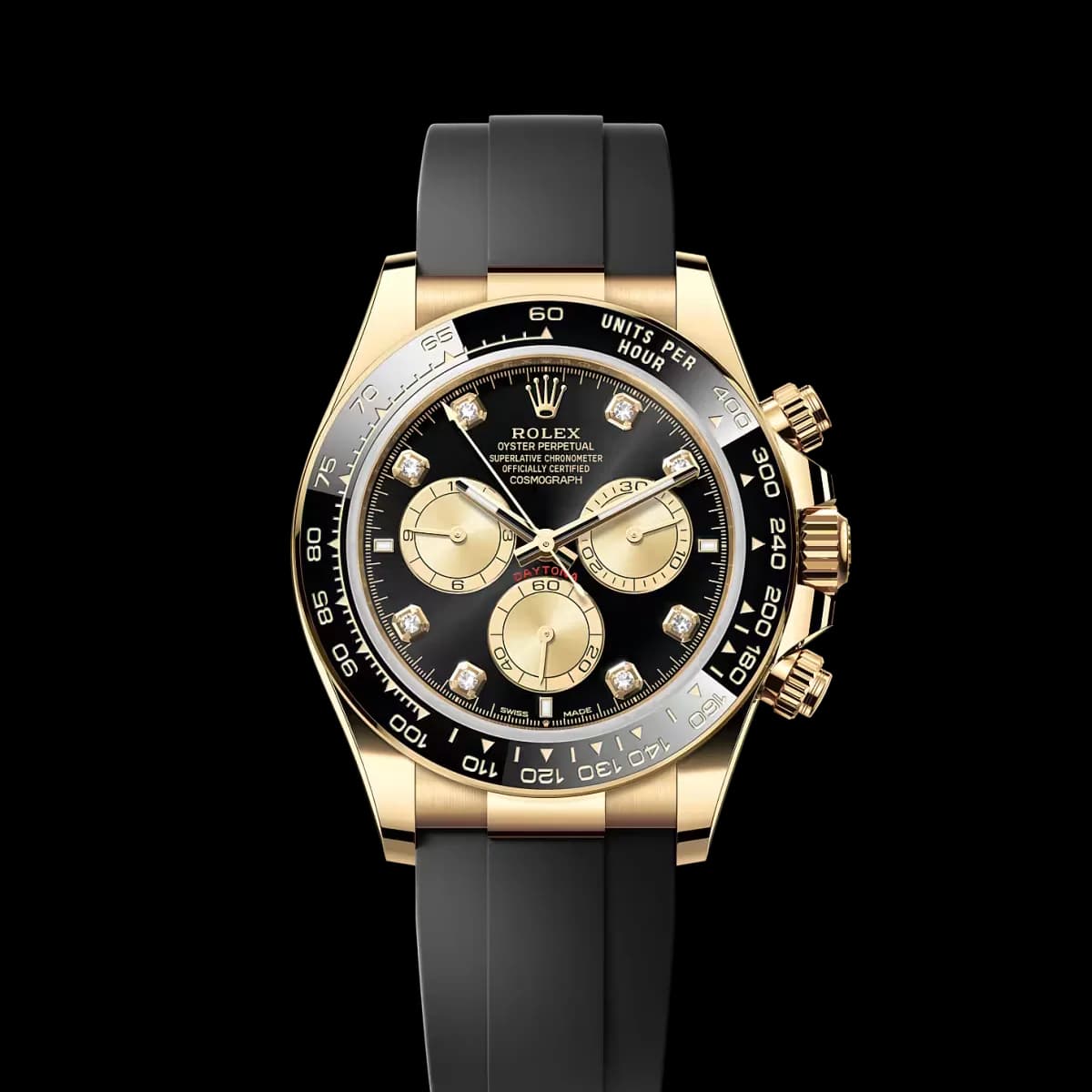 Cosmograph Daytona sarı altın kasa, elmas endeksli siyah kadran, siyah seramik bezel ve Oysterflex kayış