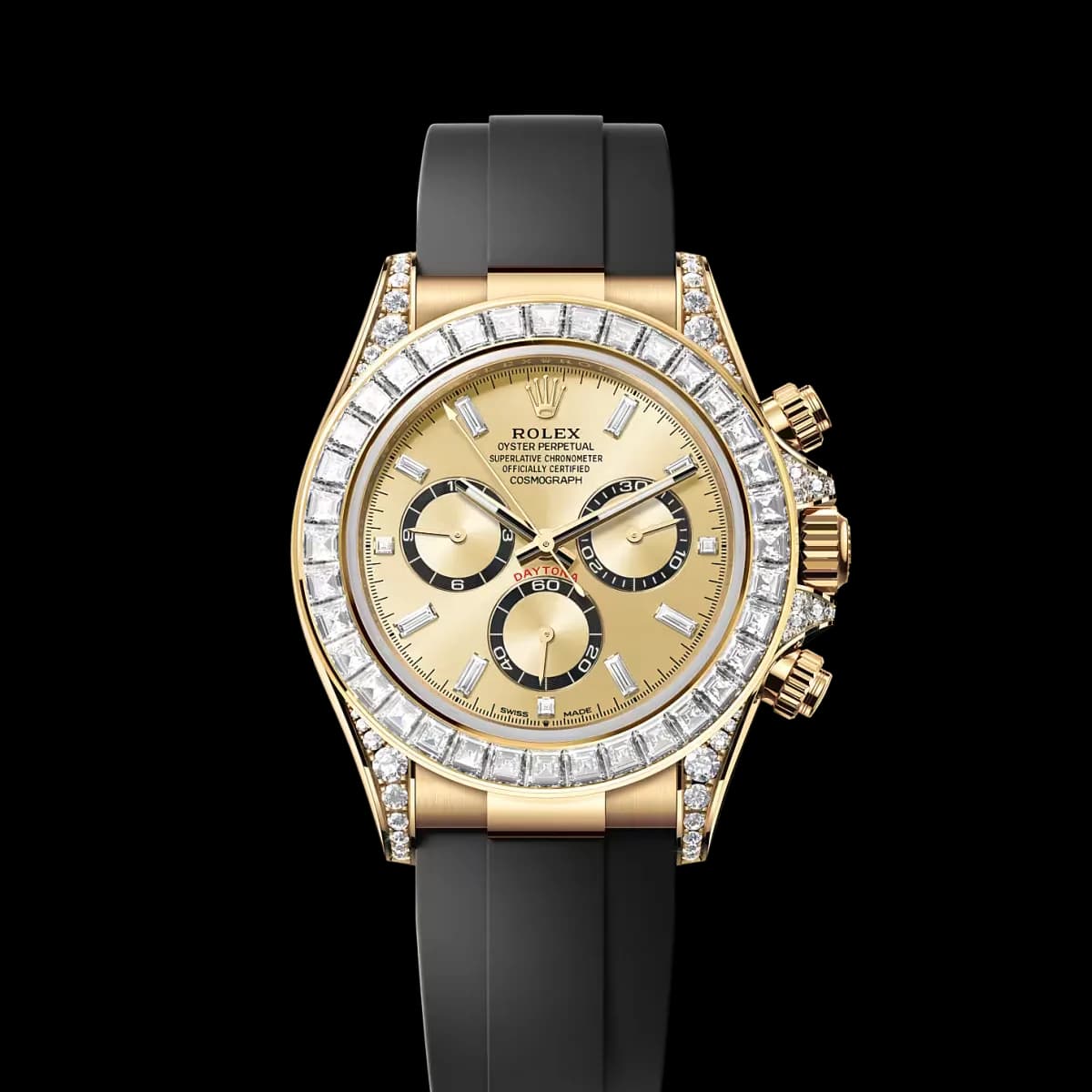 Cosmograph Daytona sarı altın kasa, karbon dokulu siyah kadran ve Oyster bilezikli kronograf saat