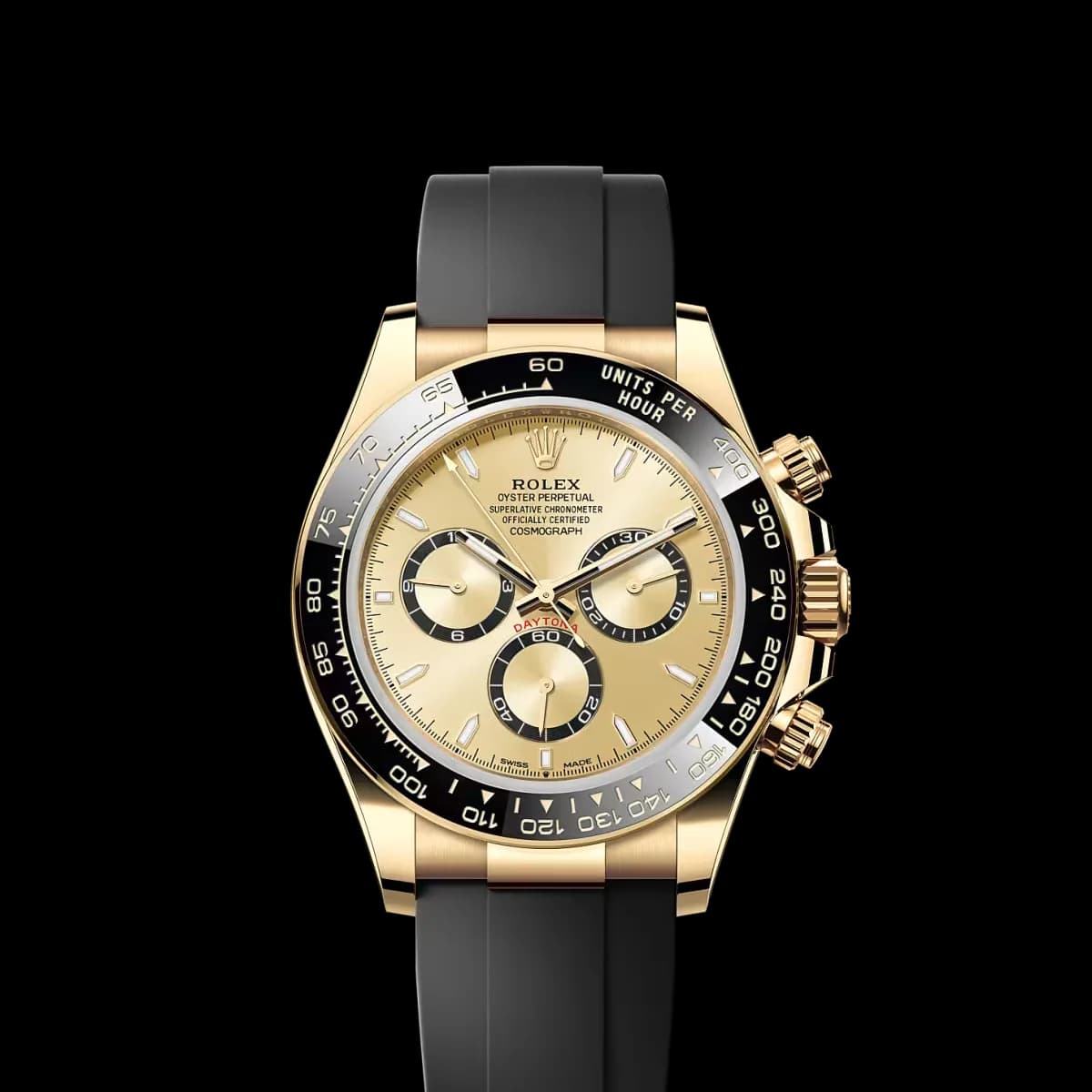 Cosmograph Daytona sarı altın kasa, şampanya kadran, siyah seramik bezel ve Oysterflex kayış
