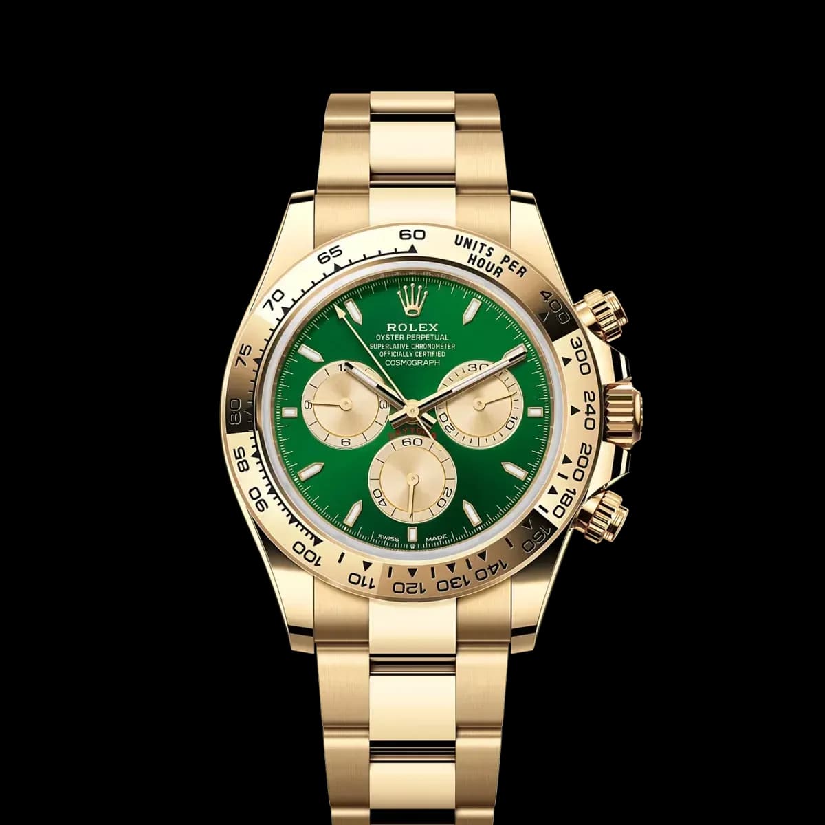 Cosmograph Daytona sarı altın kasa, yeşil kadran ve Oyster bilezikli kronograf saat