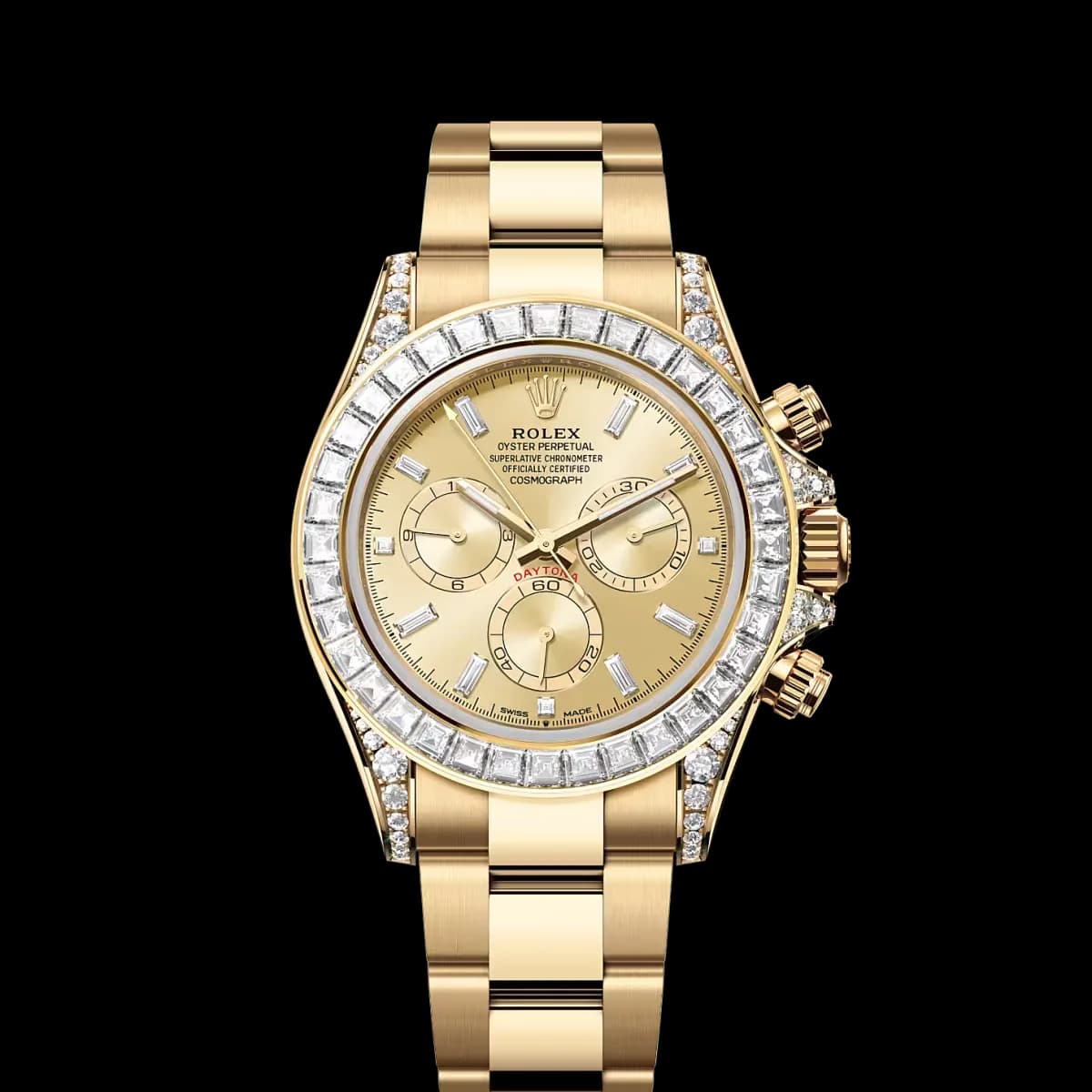 Cosmograph Daytona sarı altın kasa, gece mavisi kadran, siyah seramik bezel ve Oysterflex kayış