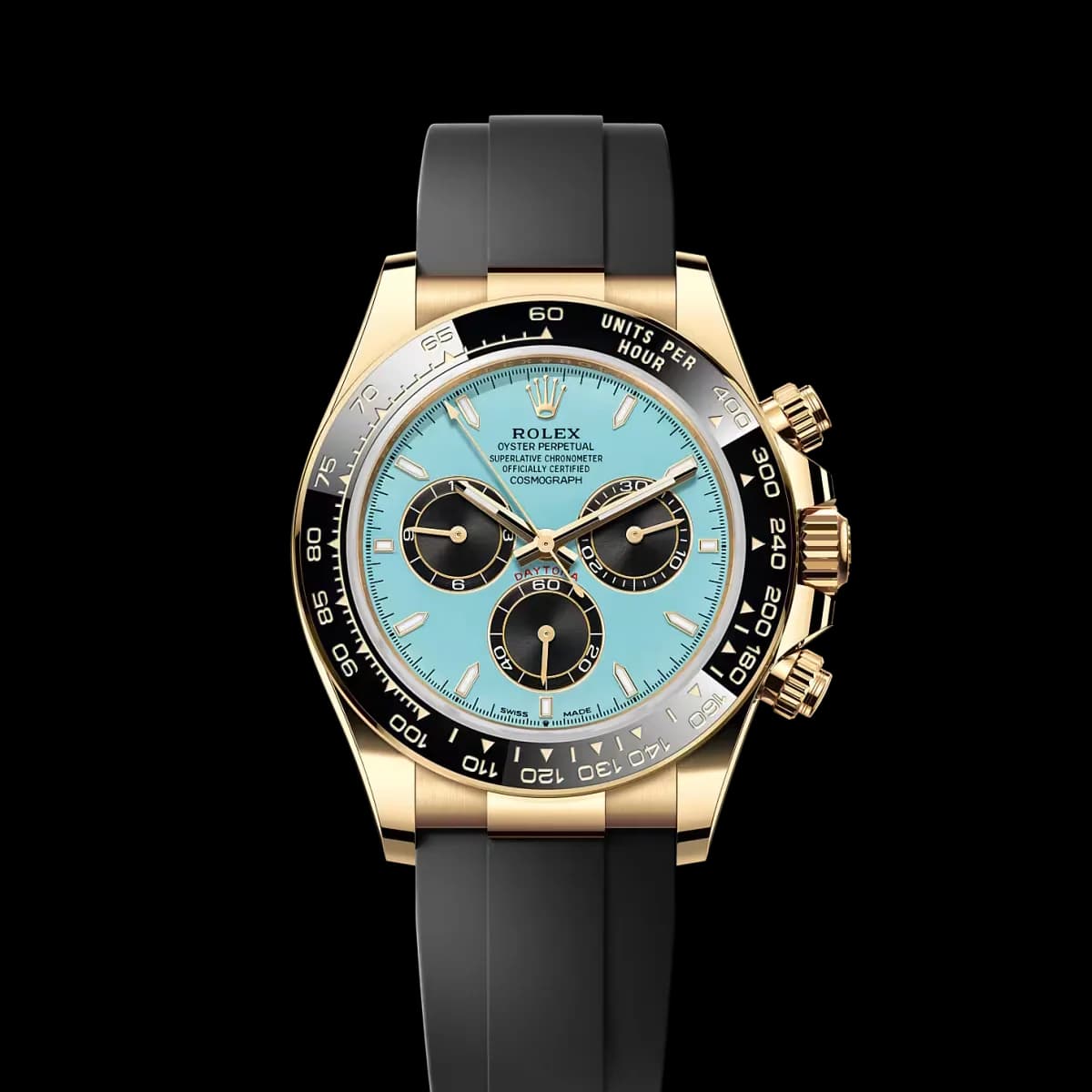 Cosmograph Daytona sarı altın kasa, onyx siyahı kadran, elmas endeksler ve Oysterflex kayış